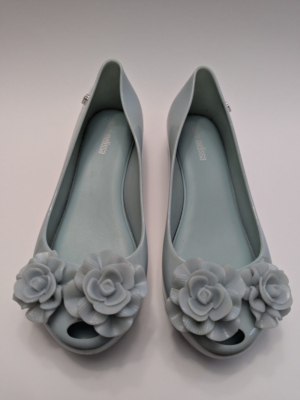 Mini Melissa Girl’s Ultragirl Springtime Light Blue Floral Peep-Toe Flats Size 3